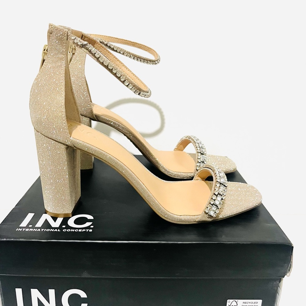 INC International Concepts Gold Heeled Sandals with Ankle Strap